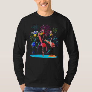 Flamingos Party Us Flag With Glasses Firework July T-Shirt