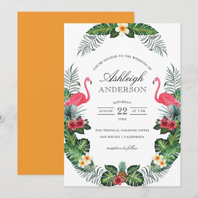 Flamingos & Pineapple Tropical Flora Bridal Shower Invitation (Front/Back)