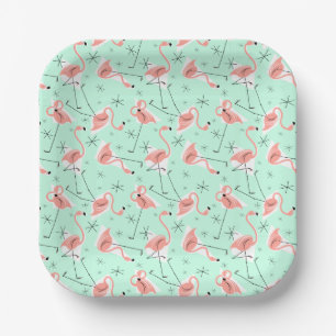 Flamingos Retro Green Multi square Paper Plate