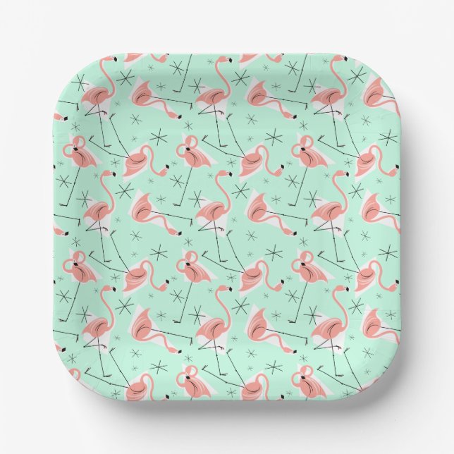 Flamingos Retro Green Multi square Paper Plate (Front)