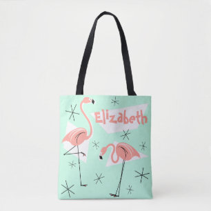 Flamingos Retro Green Name coral check back Tote Bag