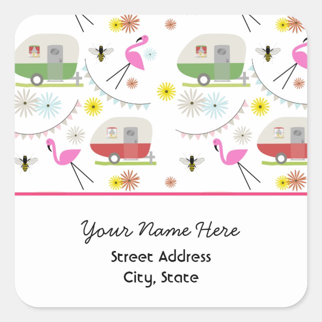 Flamingos & Retro Trailers Address Sticker (Front)