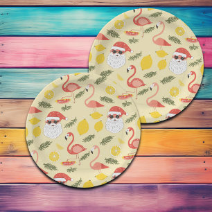 Flamingos & Santa Christmas in July Party Paper Plate