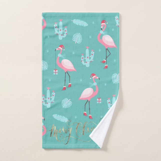  Flamingos Santa Hat Presents Snowflakes   Bath Towel Set (Hand Towel)