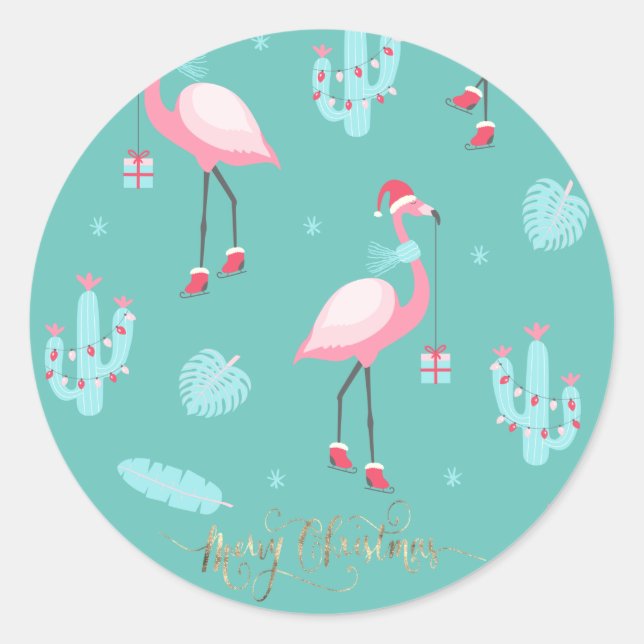  Flamingos Santa Hat Presents Snowflakes    Classic Round Sticker (Front)