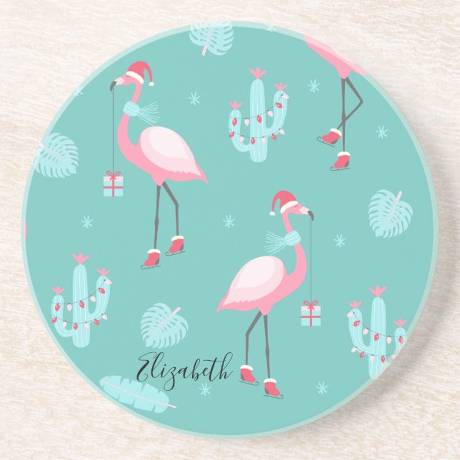  Flamingos Santa Hat Presents Snowflakes Coaster (Front)