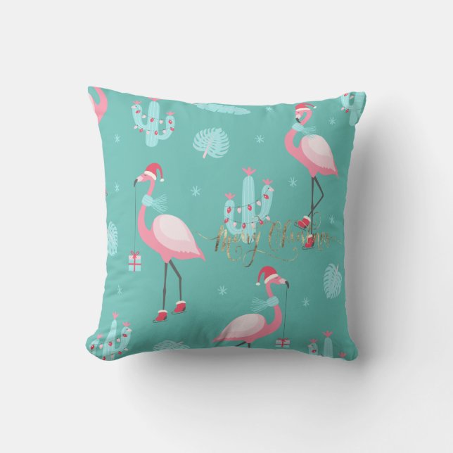  Flamingos Santa Hat Presents Snowflakes  Cushion (Front)