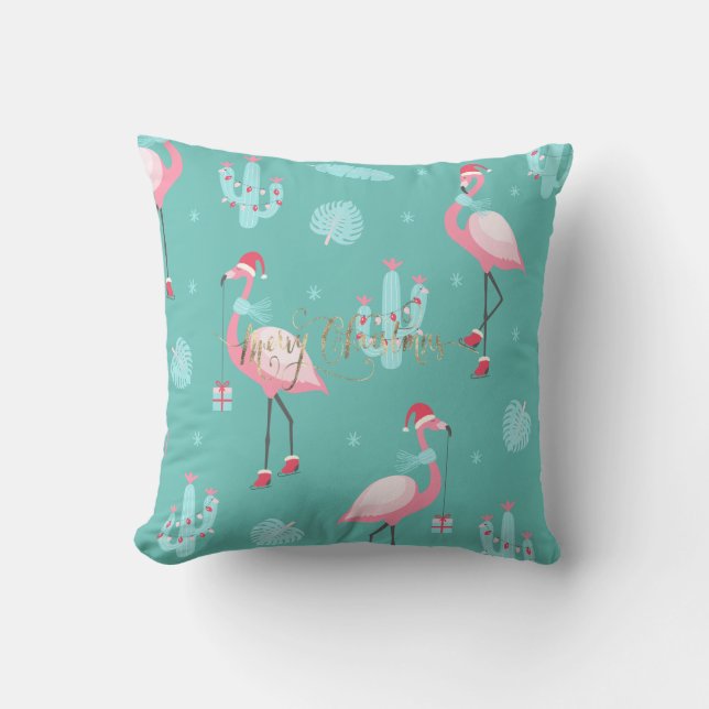  Flamingos Santa Hat Presents Snowflakes   Cushion (Front)