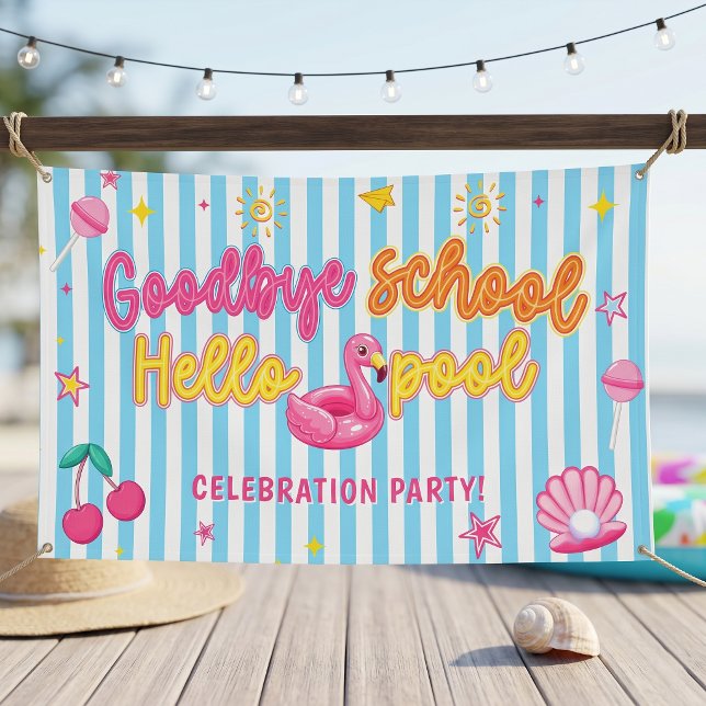 Flamingos Stripes Goodbye School Hello Pool Banner (Creator Uploaded)