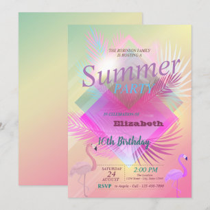 Flamingos Summer Pool Ombre Birthday Party Invitation