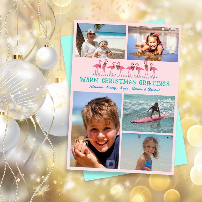 Flamingos Tropical Christmas Photo Collage Pink Holiday Card (Creator Uploaded)