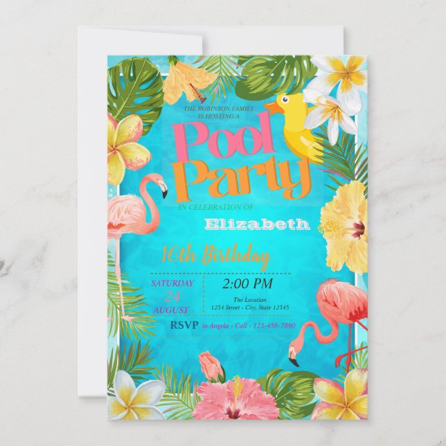 Flamingos Tropical Flowers Pool Birthday Party Invitation (Front)