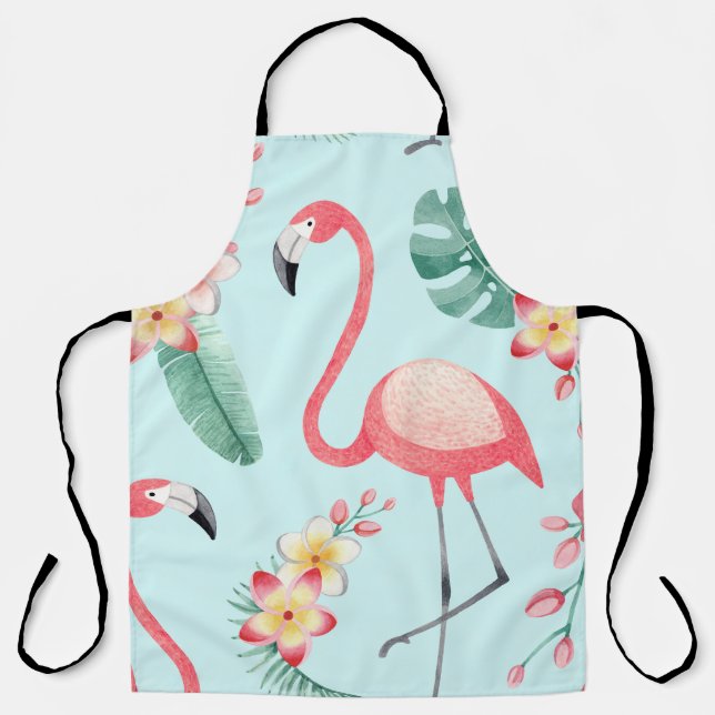 Flamingos Tropical Flowers Watercolor Pattern Apron (Front)