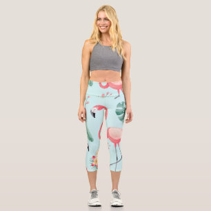 Flamingos Tropical Flowers Watercolor Pattern Capri Leggings
