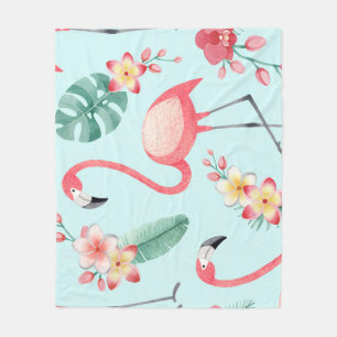 Flamingos Tropical Flowers Watercolor Pattern Fleece Blanket