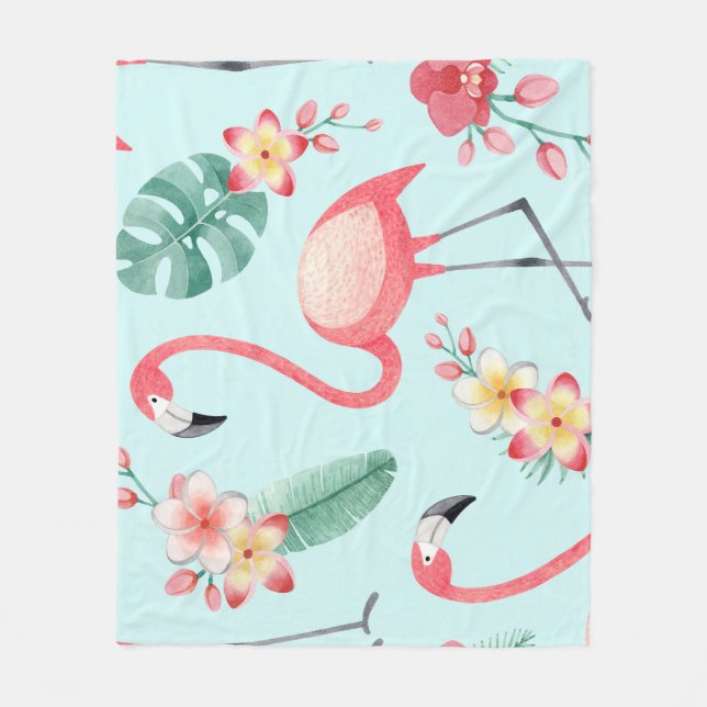 Flamingos Tropical Flowers Watercolor Pattern Fleece Blanket (Front)