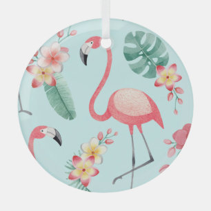 Flamingos Tropical Flowers Watercolor Pattern Glass Tree Decoration
