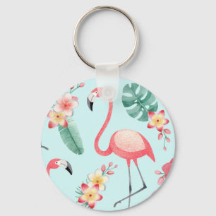 Flamingos Tropical Flowers Watercolor Pattern Key Ring