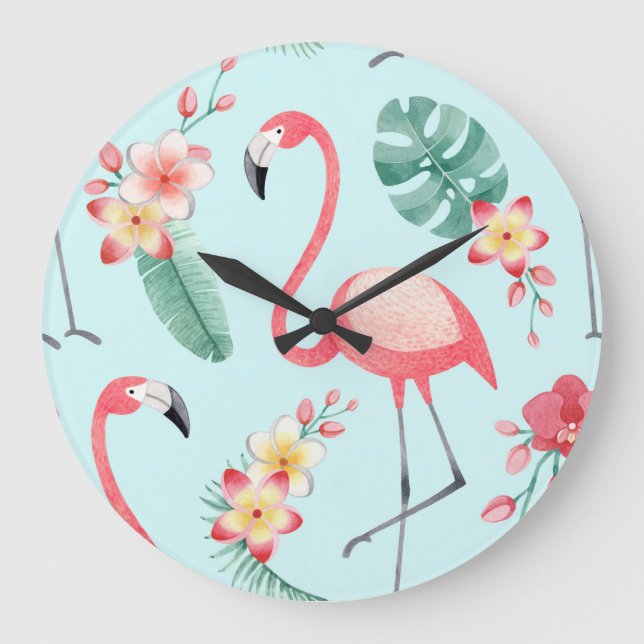Flamingos Tropical Flowers Watercolor Pattern Large Clock (Front)