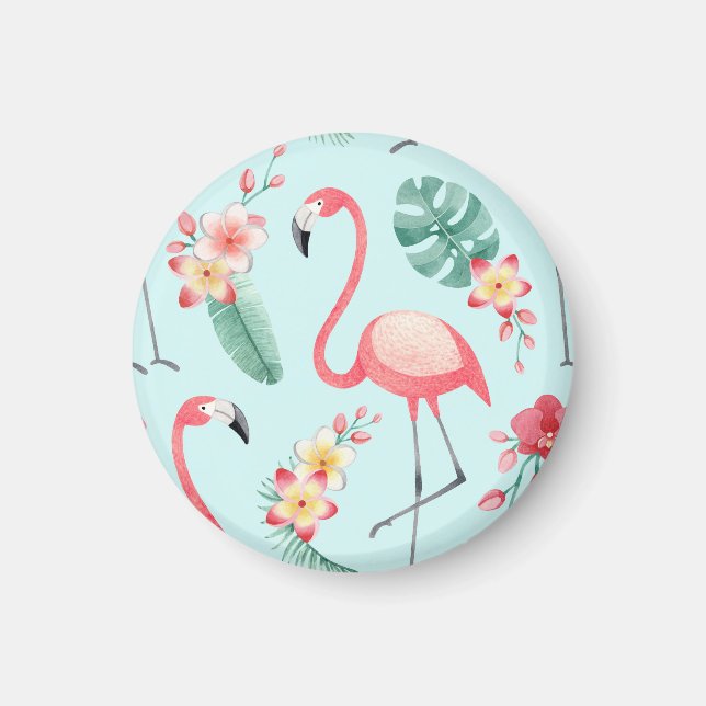 Flamingos Tropical Flowers Watercolor Pattern Magnet (Front)