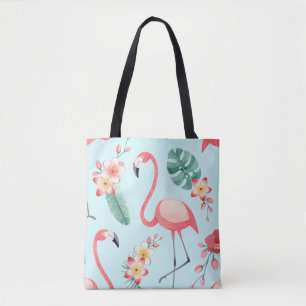 Flamingos Tropical Flowers Watercolor Pattern Tote Bag