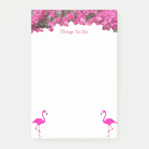 Flamingos & Tropical Magenta Pink Flowers on White Post-it Notes