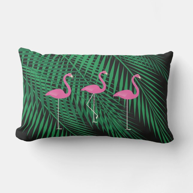 Flamingos & Tropical Palm Leaves on Black Outdoor Outdoor Cushion (Front)