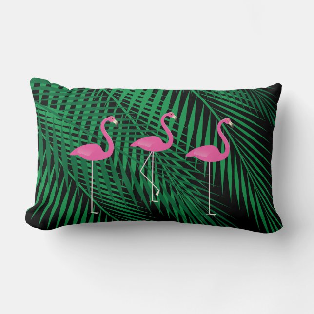 Flamingos & Tropical Palm Leaves on Black Sky Lumbar Cushion (Front)