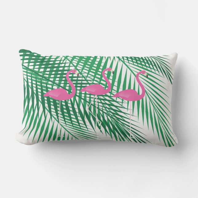 Flamingos & Tropical Palm Leaves - Outdoor Lumbar Cushion (Front)