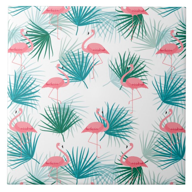 Flamingos Tropical Palmetto Leaf Fronds Tile (Front)