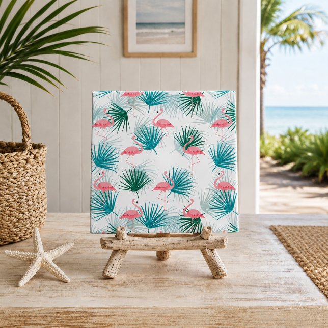 Flamingos Tropical Palmetto Leaf Fronds Tile (pink flamingos and palmetto leaves tropical foliage decorative ceramic tile displayed on easel)