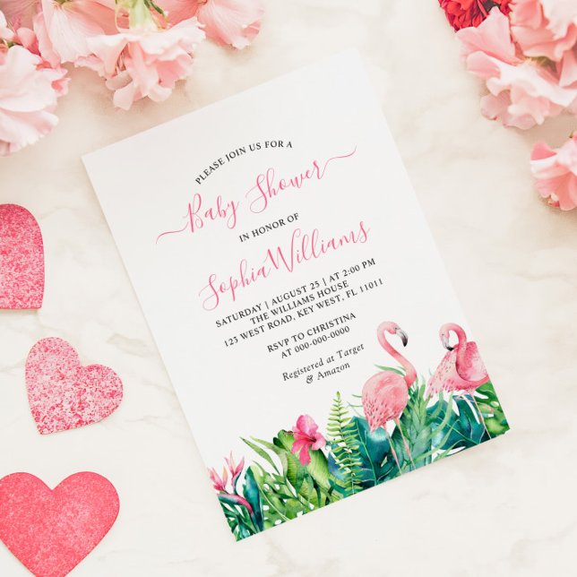 Flamingos Tropical Pink Flowers Baby Shower Invitation (Creator Uploaded)