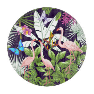 Flamingos, tropical plants: vintage pattern. cutting board