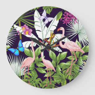 Flamingos, tropical plants: vintage pattern. large clock
