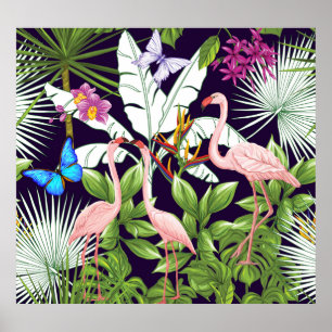 Flamingos, tropical plants: vintage pattern. poster