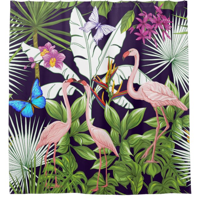 Flamingos, tropical plants: vintage pattern. shower curtain (Front)