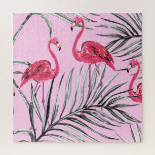 Flamingos, tropical watercolor vintage pattern. jigsaw puzzle