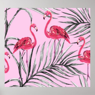 Flamingos, tropical watercolor vintage pattern. poster