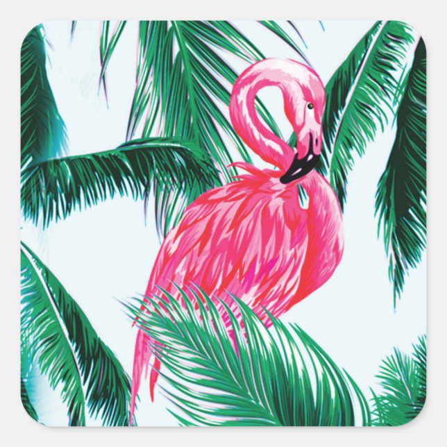 Flamingos Under Palm Trees In The Jungle Of Africa Square Sticker (Front)