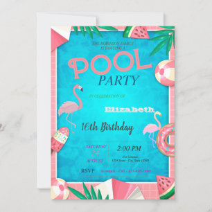 Flamingos Watermelon Ice cream Pool Birthday Party Invitation