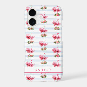 Flamingos with Flowers on Watercolor Stripes