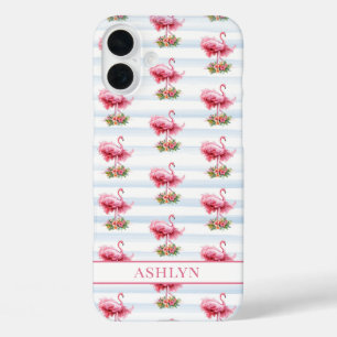 Flamingos with Flowers on Watercolor Stripes iPhone 16 Plus Case