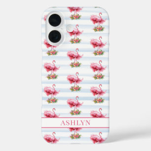 Flamingos with Flowers on Watercolor Stripes iPhone 16 Case