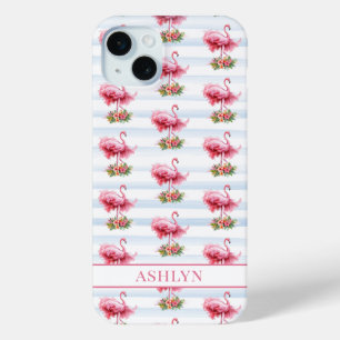 Flamingos with Flowers on Watercolor Stripes iPhone 15 Mini Case