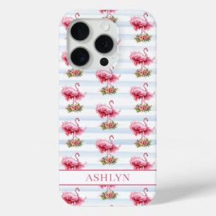 Flamingos with Flowers on Watercolor Stripes iPhone 15 Pro Case