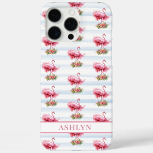 Flamingos with Flowers on Watercolor Stripes iPhone 16 Pro Max Case