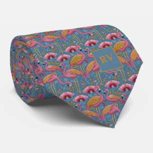 Flamingos with Gold Feathers on Blue Tie