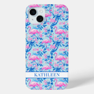 Flamingos with Pink Flowers Monogrammed iPhone 15 Mini Case
