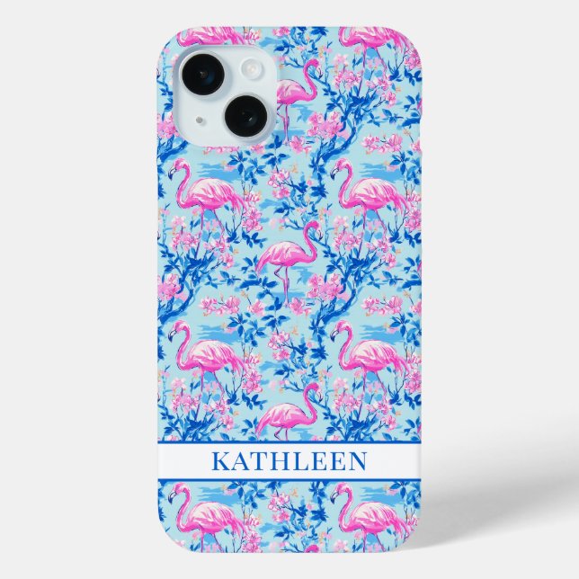 Flamingos with Pink Flowers Monogrammed Case-Mate iPhone Case (Back)