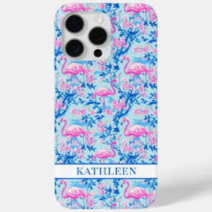 Flamingos with Pink Flowers Monogrammed iPhone 15 Pro Max Case